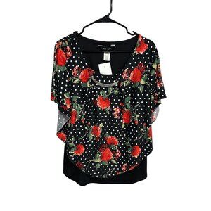Brody Myles Blouse Black Red Floral Polka Dot Rose Overlay Kimono Size XL Boho